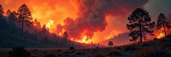 Wildfire raging through dry forest, smoke billowing, heat, flames