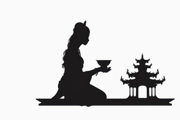 Silhouette of a Woman Praying at a Temple