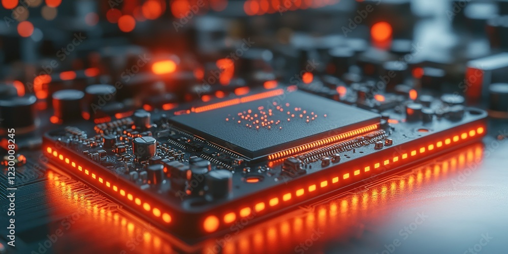 Poster high-tech circuit board with glowing components and intricate design under warm lighting