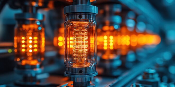 Techniques and craftsmanship in the production of glowing electronic tubes during evening hours in a modern laboratory