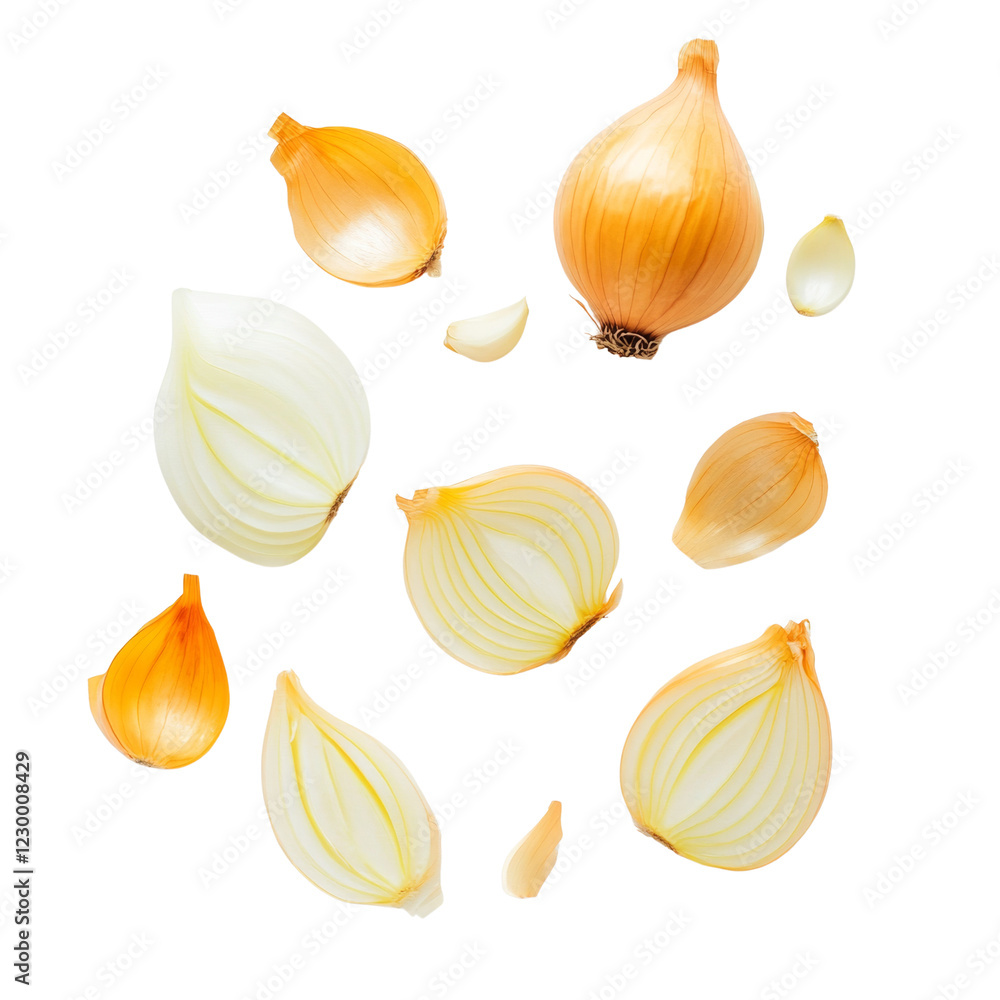 Poster a whole yellow onion and several sliced pieces are shown floating against a black background.