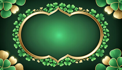 A decorative oval frame with golden borders and green shamrocks on a dark green background. The glowing accents add a festive and luxurious touch, perfect for St. Patrick's Day designs.