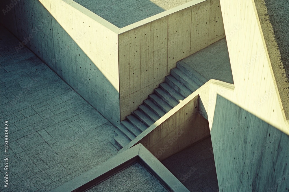 Poster a staircase is shown in a grey and white color scheme. the staircase is made of concrete and has a v