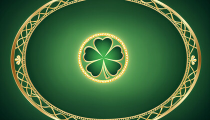 A decorative oval frame with golden borders and green shamrocks on a dark green background. The glowing accents add a festive and luxurious touch, perfect for St. Patrick's Day designs.