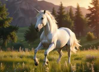 Obraz premium Majestic white unicorn stallion prancing in a lush meadow at sunset, dreamy, unicorn, fantasy