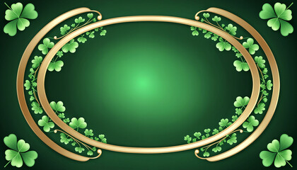 A decorative oval frame with golden borders and green shamrocks on a dark green background. The glowing accents add a festive and luxurious touch, perfect for St. Patrick's Day designs.
