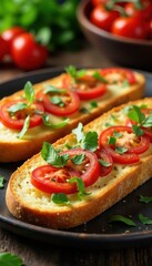 Sliced baguette, diced tomatoes, herbs, colorful veggies, plate, cuisine, bruschetta