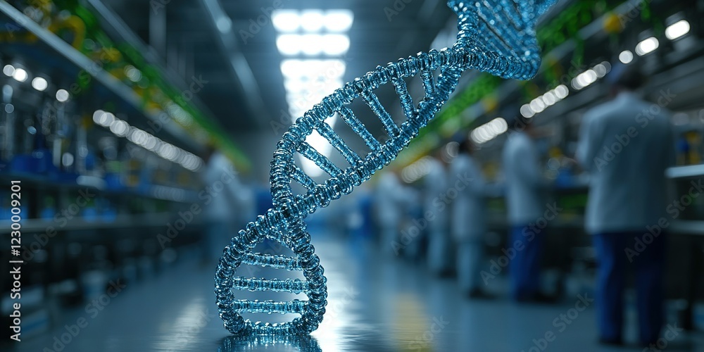Poster exploring genetic research in a modern laboratory with scientists working on dna analysis