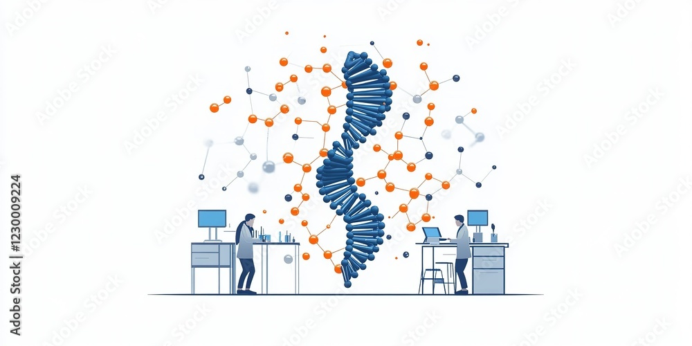 Poster scientists engaged in dna research in a modern laboratory with molecules floating in the background