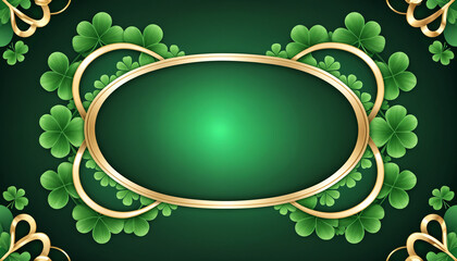 A decorative oval frame with golden borders and green shamrocks on a dark green background. The glowing accents add a festive and luxurious touch, perfect for St. Patrick's Day designs.