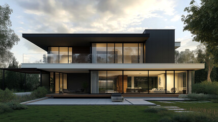 Modern contemporary house, cantilever design, two-story structure exterior. Greenery and sky.
