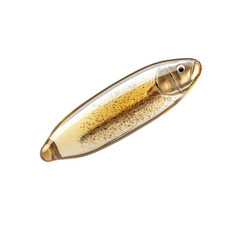 A detailed close up image of a small translucent fishing lure designed to mimic a small fish.