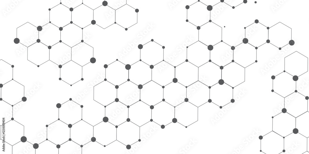 Poster Molecular structure abstract tech background. Geometric white background. Vector banner design with hexagons. Science network pattern, connecting lines and dots Medical background, Vector illustration