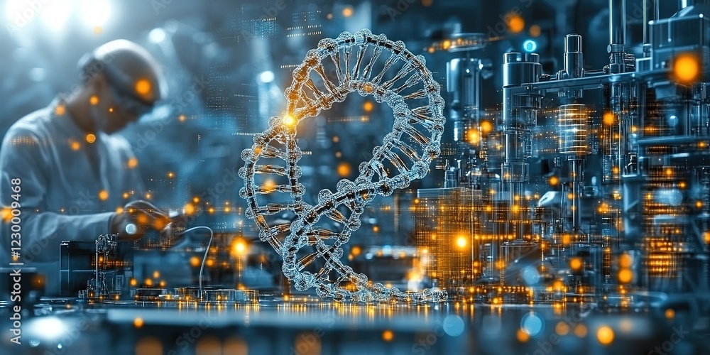 Poster modern laboratory research on genetic engineering with digital dna model and scientists working in b