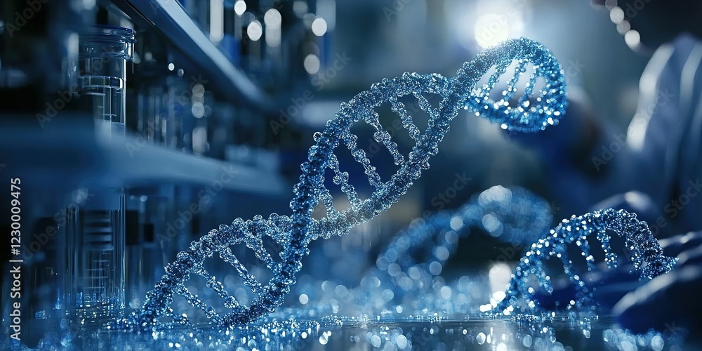 Poster dna double helix structure illuminated in a laboratory with a researcher actively engaged in scienti
