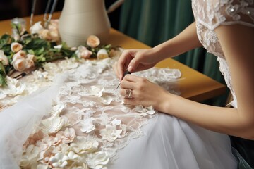 Seamstress fitting intricate floral appliques onto a stunning white bridal gown displayed on a mannequin in a stylish studio filled with colorful flowers
