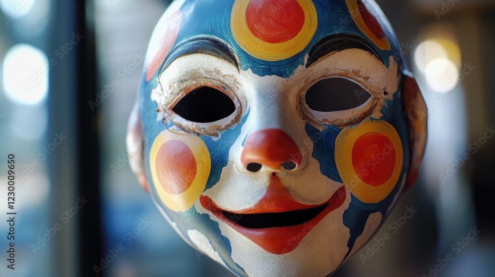 Poster a clown mask with blue and red polka dots. the mask is smiling and has a happy expression