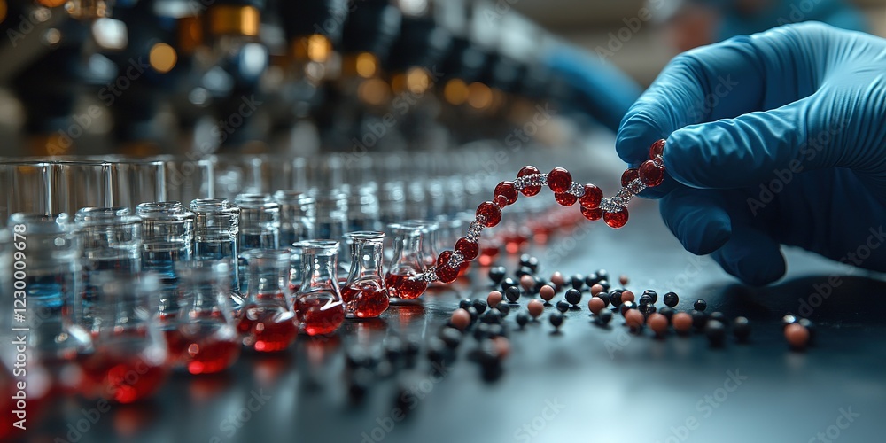 Aufkleber researcher conducts experiments with molecular models and colorful solutions in a laboratory setting