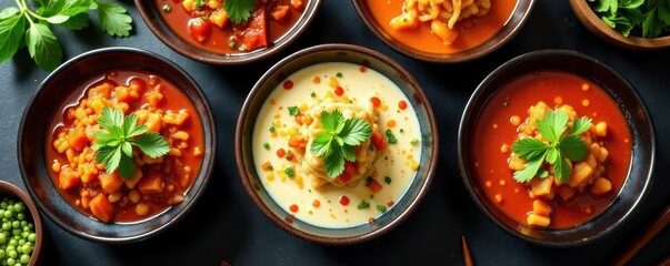 Overhead shot vibrant bowls diverse Asian cuisine, noodles, stir-fry, Korean