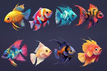 A collection of colorful, cartoon-style fish illustrations against a simple dark background.