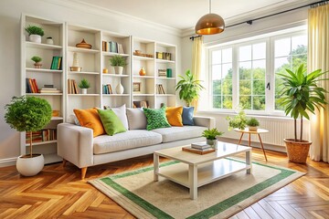 Naklejka premium Bright White Living Room Interior Design Mockup with Bookcase and Sofa