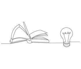 Opened book with light bulb in one continuous line drawing. Symbol of idea for business or schedule. Light bulb and book in simple linear style. Editable stroke. Doodle line illustration
