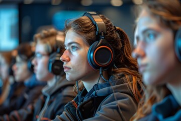 A group of young people wearing headphones concentrates on digital content in a contemporary workspace. Their attention reflects the immersive experience of learning new technology skills