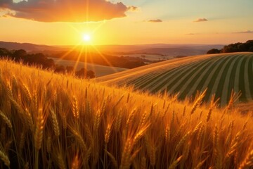 Obraz premium Sun-drenched wheat field at dusk, rolling hills , clouds, idyllic
