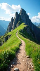 Fototapeta premium A narrow path leads to the top of a steep hill with rocky outcroppings, nature, rocks