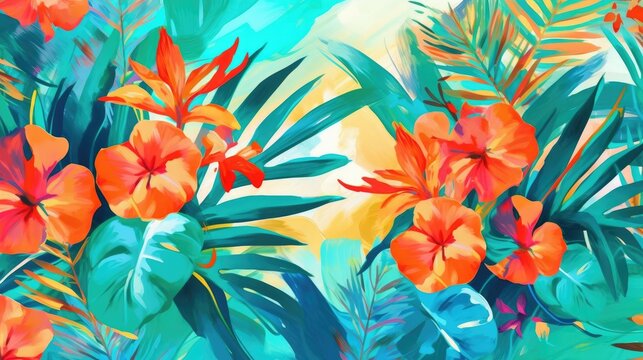 watercolor vibrant and energetic summer background using bright red-orange turquoise-green tropical floral motif