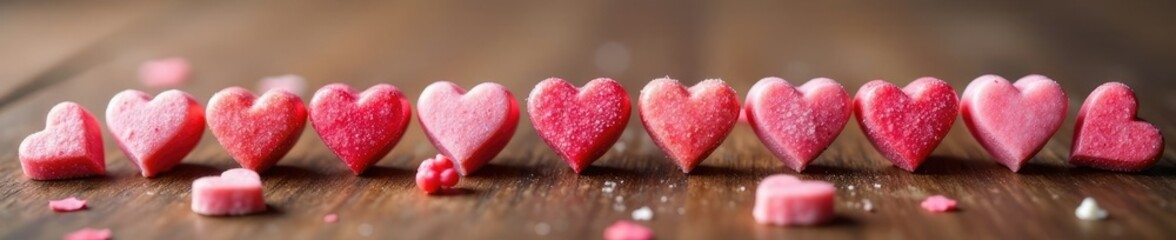 Obraz premium A row of small heart-shaped candies on a wooden table, hearts, sweets, colorful