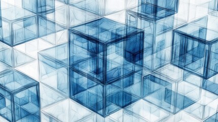 Abstract Blue 3D Cubes Composition with Transparency and Depth in a Digital Art Style