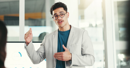 Presentation, research and business man in office for conference, tradeshow and seminar. Public...