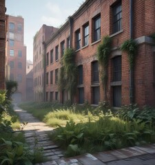 Fototapeta premium Muted urban landscape with overgrown vegetation and weathered brick facades, urban jungle, worn, urban decay