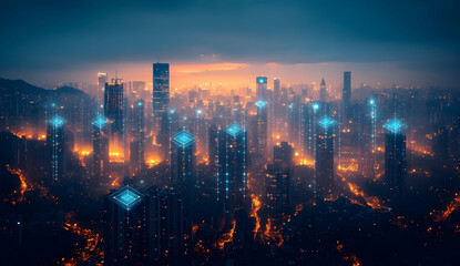 Fototapeta premium Digital twin technology in business and industry with interconnected icons and urban skyline