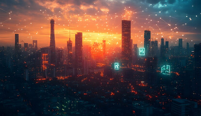 Fototapeta premium Digital twin technology in business and industry with interconnected icons and urban skyline