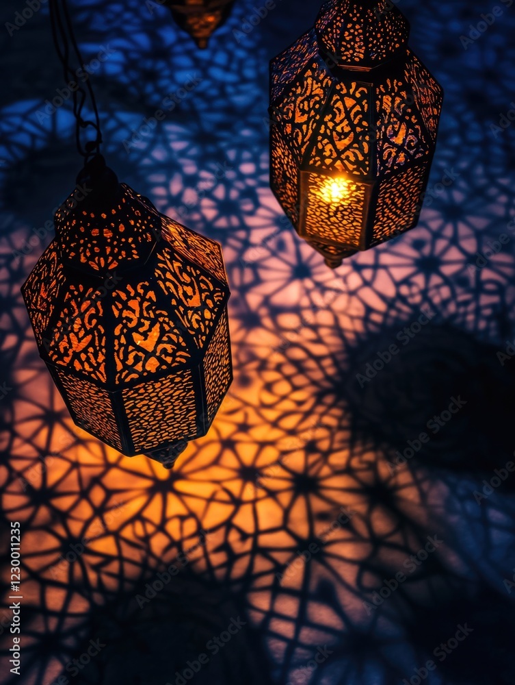 Poster three colorfully patterned lanterns hanging from the ceiling, illuminating the room with a warm glow