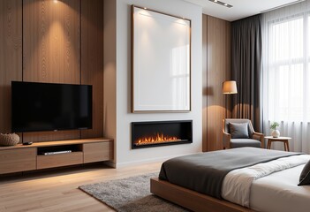 Neutral Modern Bedroom, TV and Fireplace, Minimalist Interior, Luxury Design, Wall Art Mockups, Office Frame Design, Simple Bedroom Layout, Elegant Wall Art Display.

