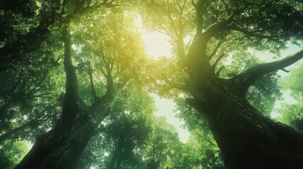 Lush Green Forest Canopy with Sunlight Filtering Through Leaves