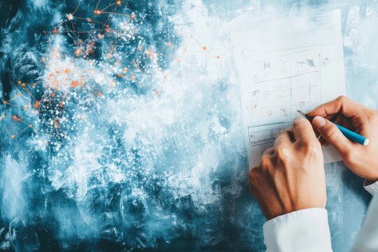 A dreamy watercolor scene of a teacher writing a preliminary lesson plan on a chalkboard, with soft pastel colors blending the classroom background