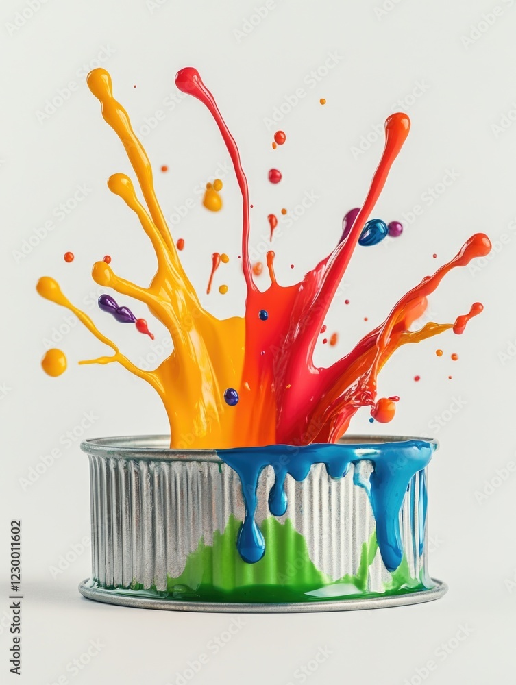 Poster colorful paint splattered onto a can from an exploding container of spray paint.