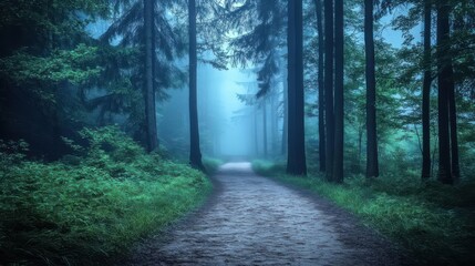 Obraz premium Enchanting Foggy Forest Path Nature Photography Landscape Wallpaper
