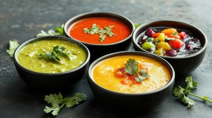 A collection of five traditional Indian vegetable soups served in black clay bowls, with various seasonings and herbs garnishing the top, ready to be savored.