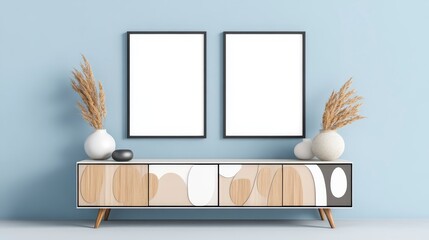 Modern Minimalist Living Room Decor with Blank Frames and Vases