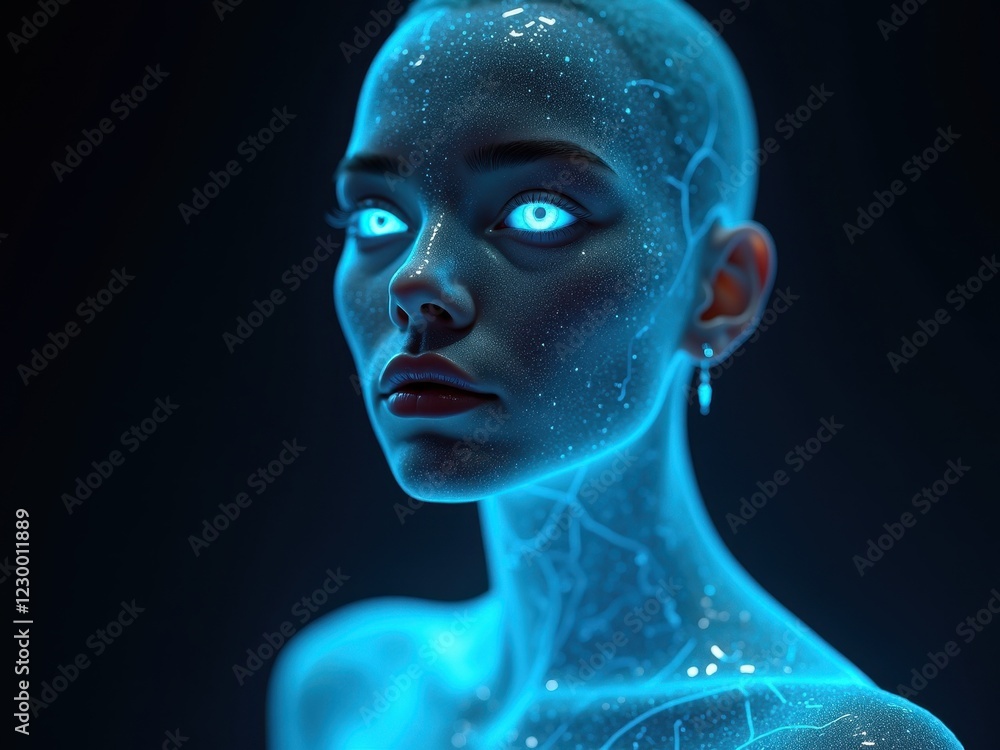 Poster exploration of a futuristic humanoid in a virtual world with glowing features and intricate details