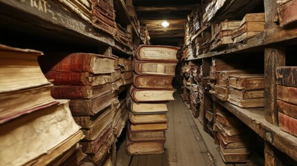 Fototapeta premium Ancient Library with Stacked Books and Wooden Shelves in Darkness