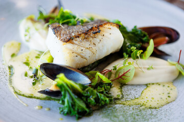 Cod fillet with cauliflower cream, asparagus, clam-wine sauce and mussles. Delicious seafood fish closeup served on a table for lunch in modern cuisine gourmet restaurant