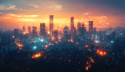 Digital twin technology in business and industry with interconnected icons and urban skyline