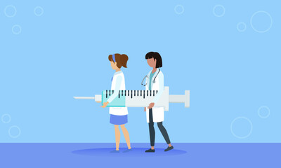 Doctors carrying giant syringe promoting vaccination and healthcare