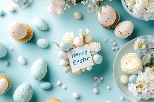 Happy easter celebration with colorful eggs and cupcakes on light blue background - Powered by Adobe